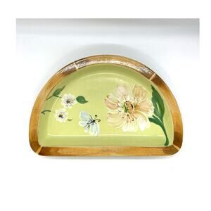 Arte Italica Half Circle Dish Green Yellow w/ Flowers & Butterfly Made in Italy